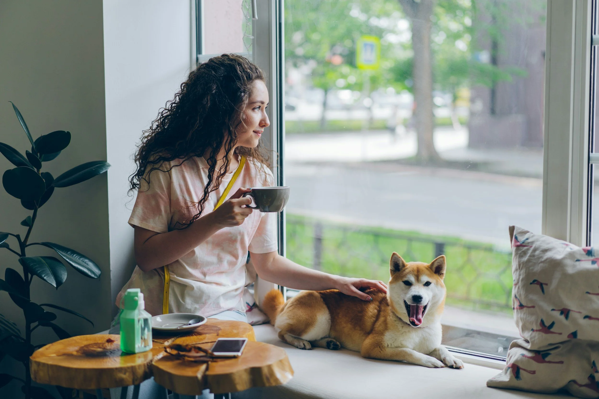 Pet owner enjoying coffee by a window, sitting with their dog, representing freedom from obsessive worry and anxiety.