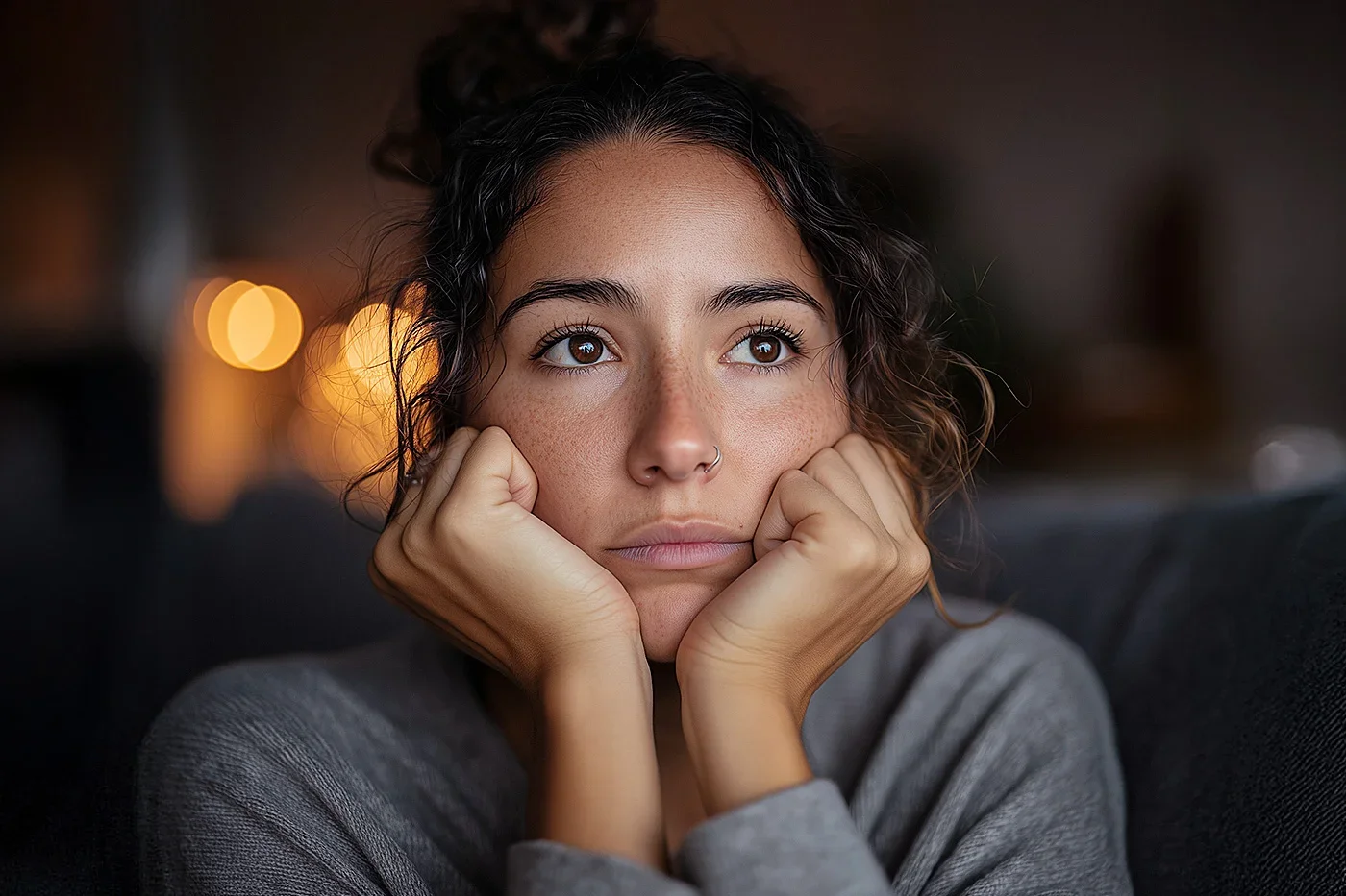 A woman sits quietly in soft natural light, looking contemplative and absorbed in thought. The mood is calm but introspective.