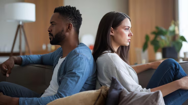 couple sitting back to back on couch showing frustration and misunderstanding in relationship affected by OCD