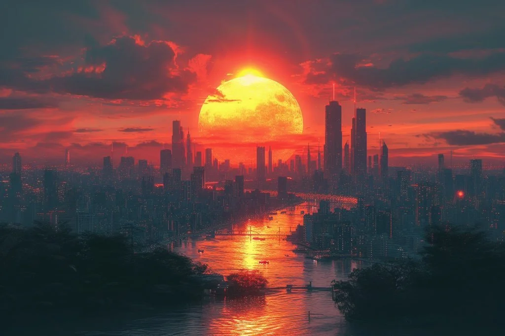 Sunset behind distant city skyline