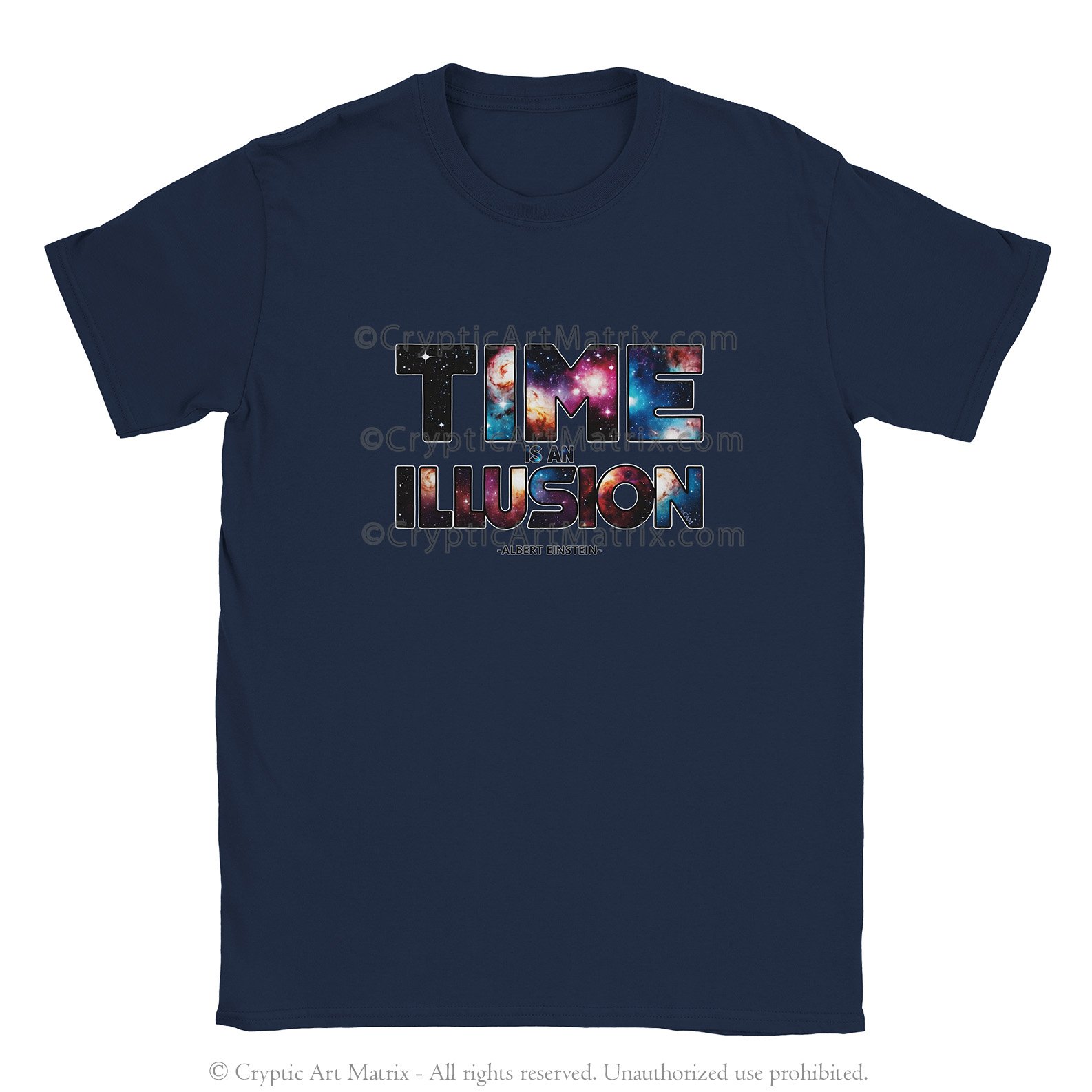 T-shirt with words ‘Time is an Illusion’ in a sci-fi space theme lettering, unisex 100% cotton