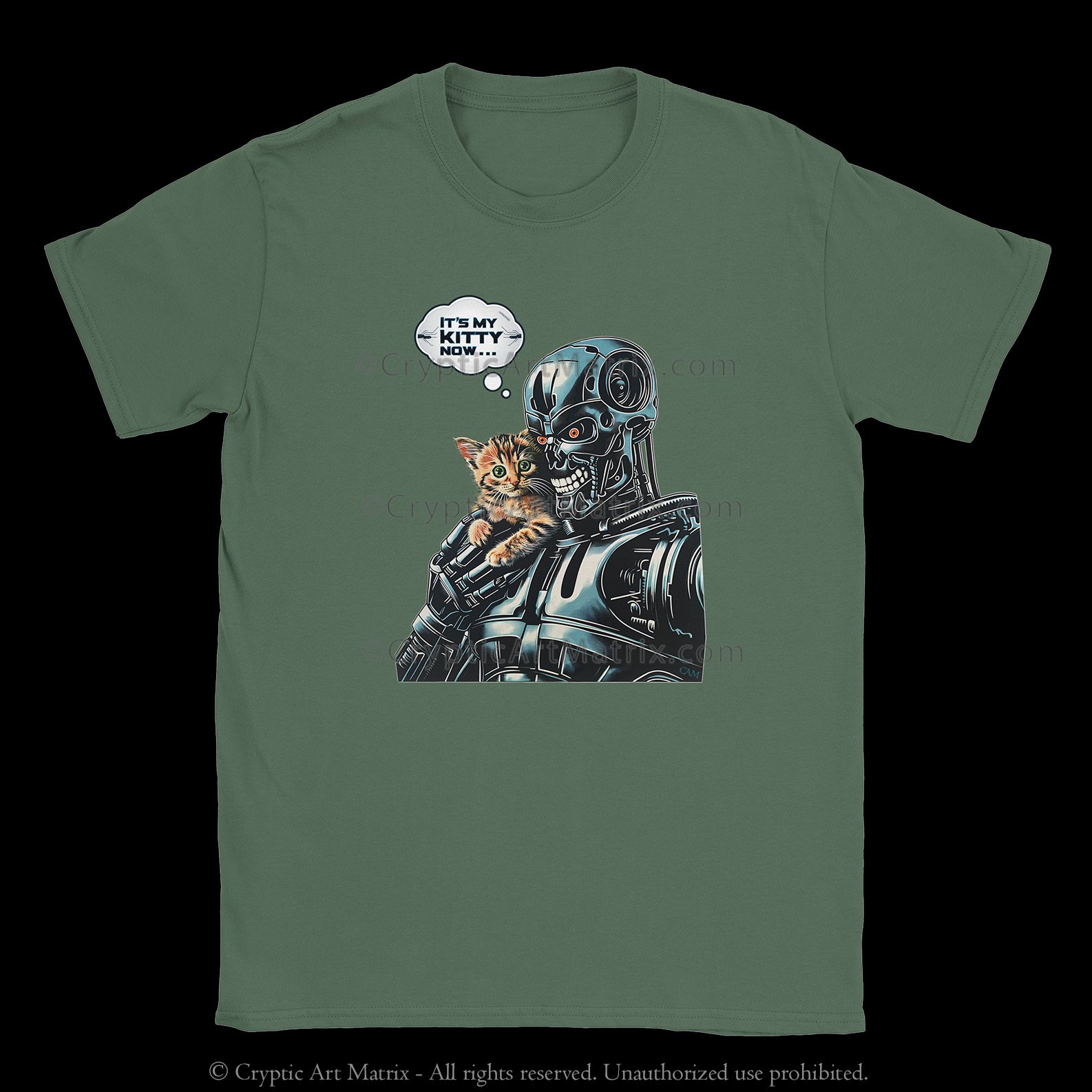 Playful t-shirt featuring a robot holding a kitten, perfect for cat lovers and sci-fi fans
