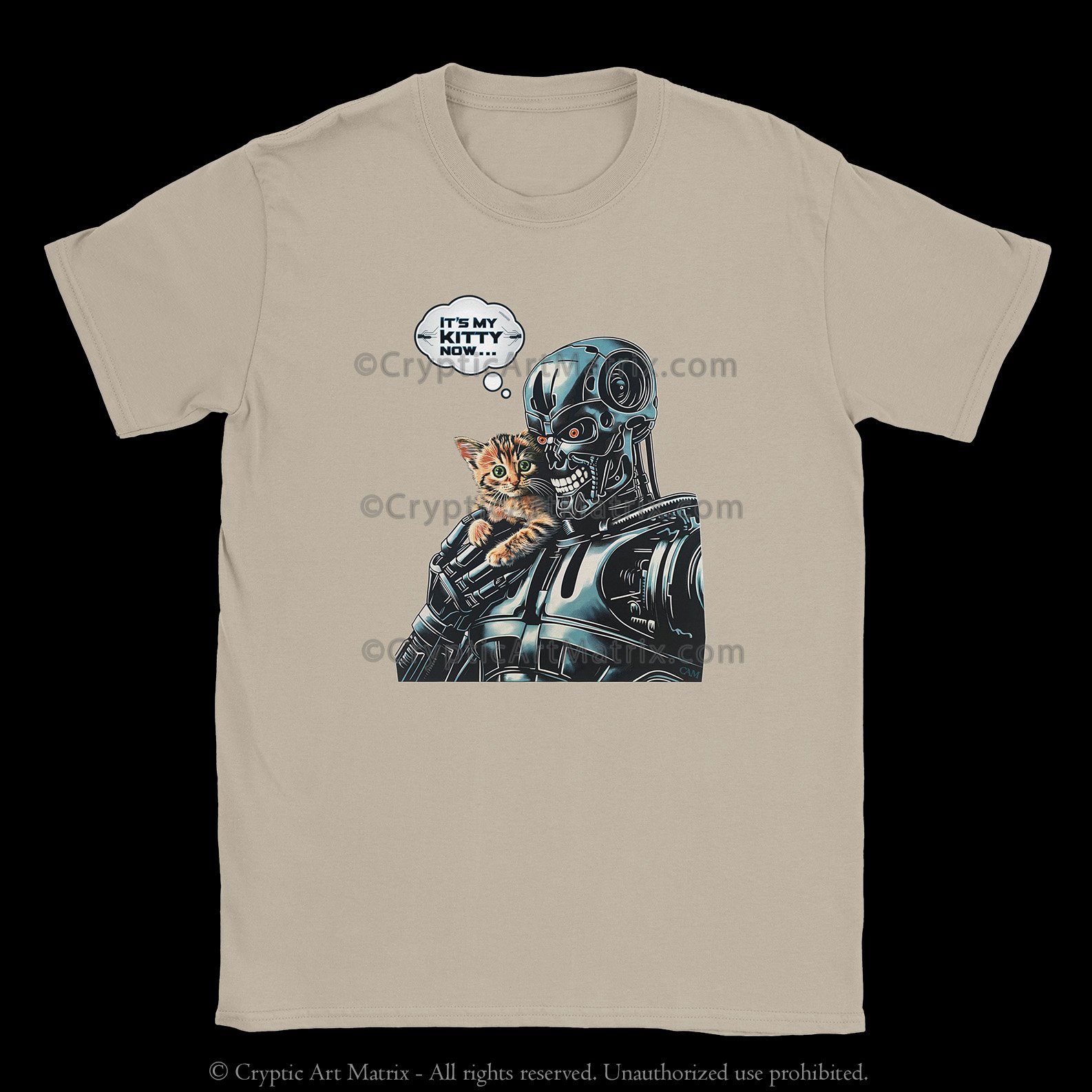 Playful t-shirt featuring a robot holding a kitten, perfect for cat lovers and sci-fi fans