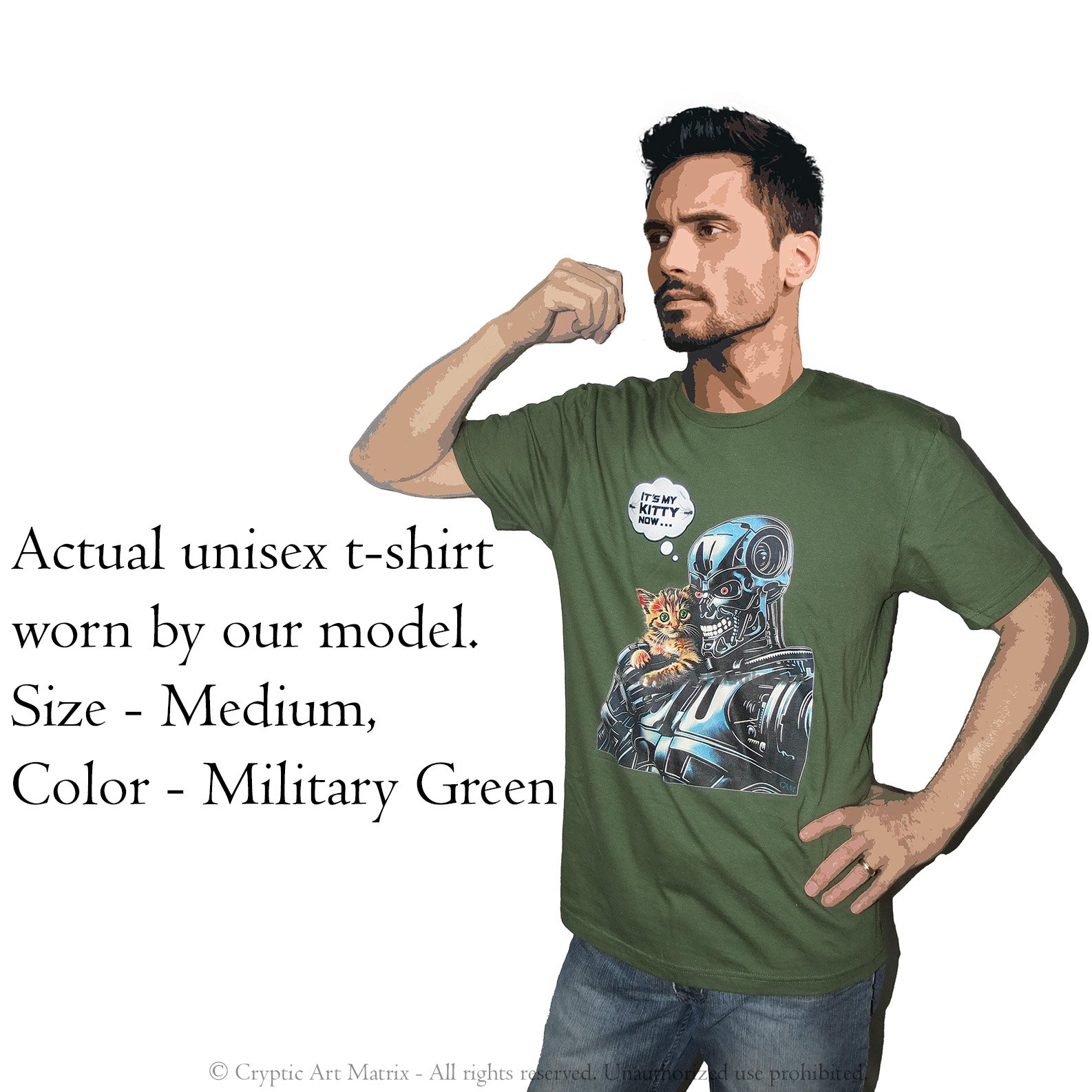 Playful t-shirt featuring a robot holding a kitten, perfect for cat lovers and sci-fi fans