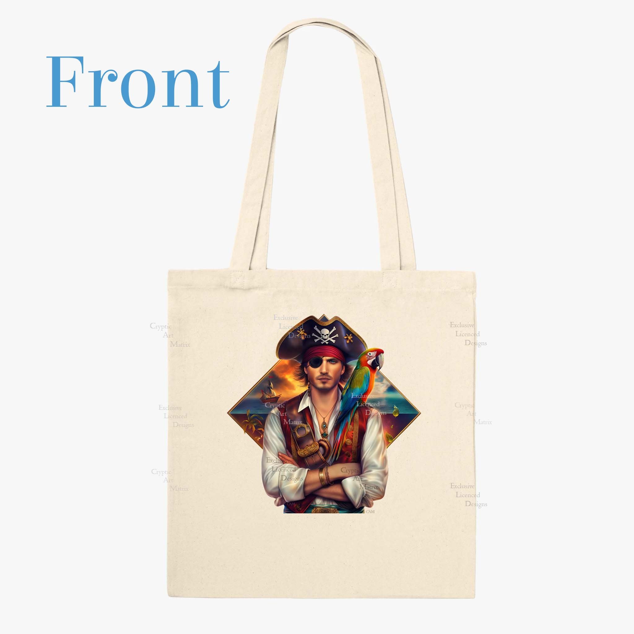 Natural colored tote bag with picture of a handsome pirate with a parrot on his shoulder, the ocean and ship in the background. Arms folded with buccaneer hat complete with skull and cross bones.