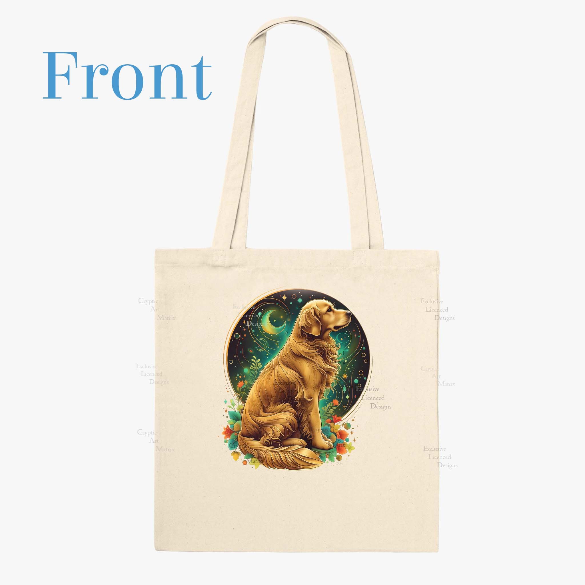 Natural colored tote bag with picture of a golden retriever sitting infront of a green themed mystical cosmic background.