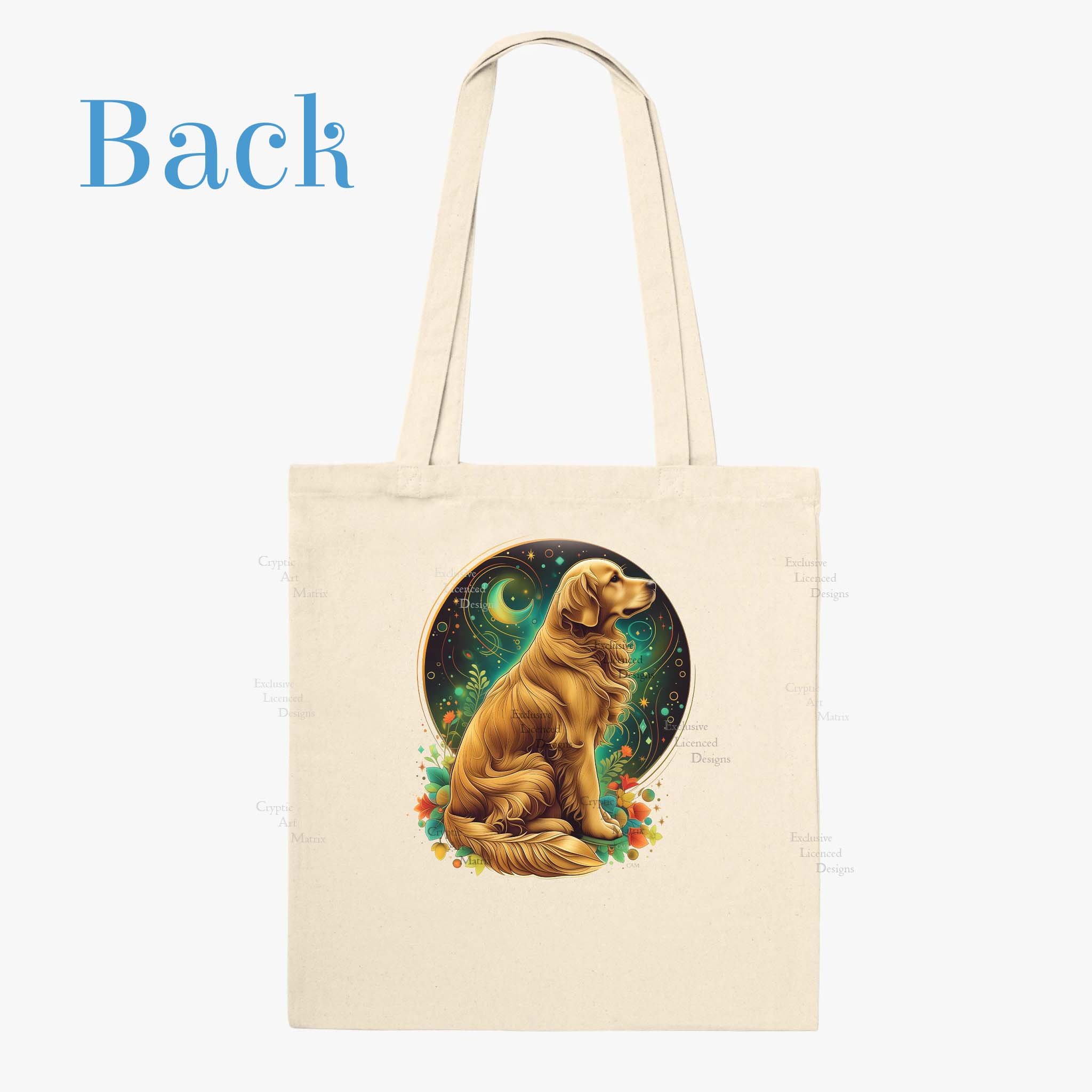 Natural colored tote bag with picture of a golden retriever sitting infront of a green themed mystical cosmic background.