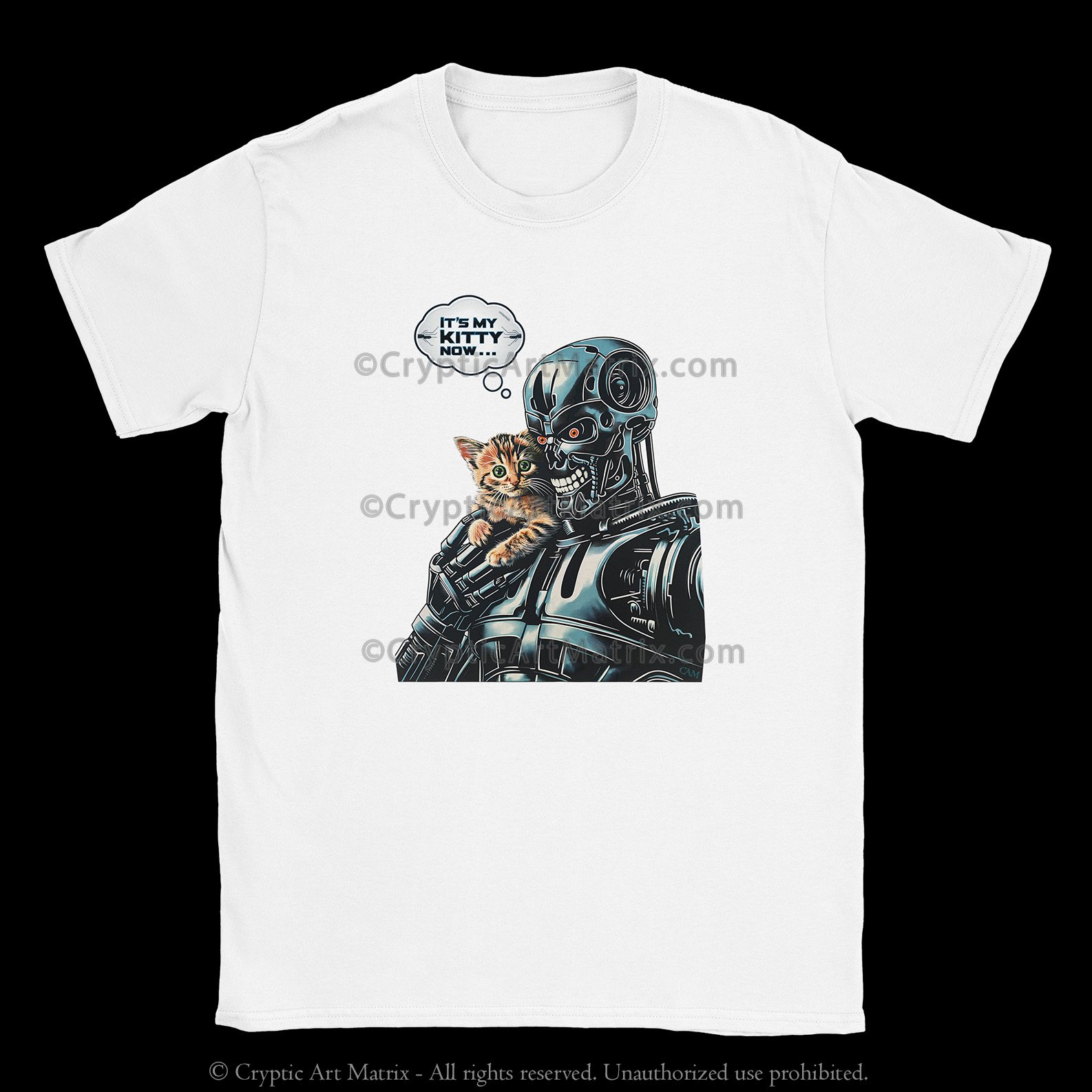 Playful t-shirt featuring a robot holding a kitten, perfect for cat lovers and sci-fi fans