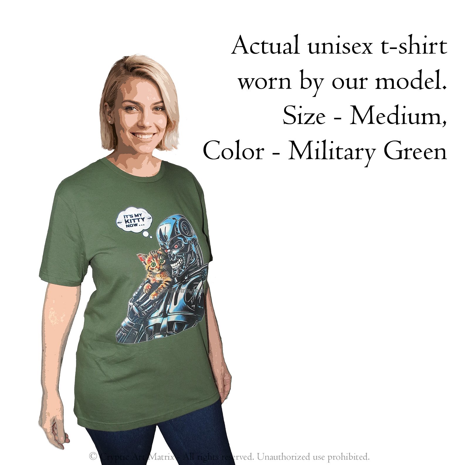 Playful t-shirt featuring a robot holding a kitten, perfect for cat lovers and sci-fi fans