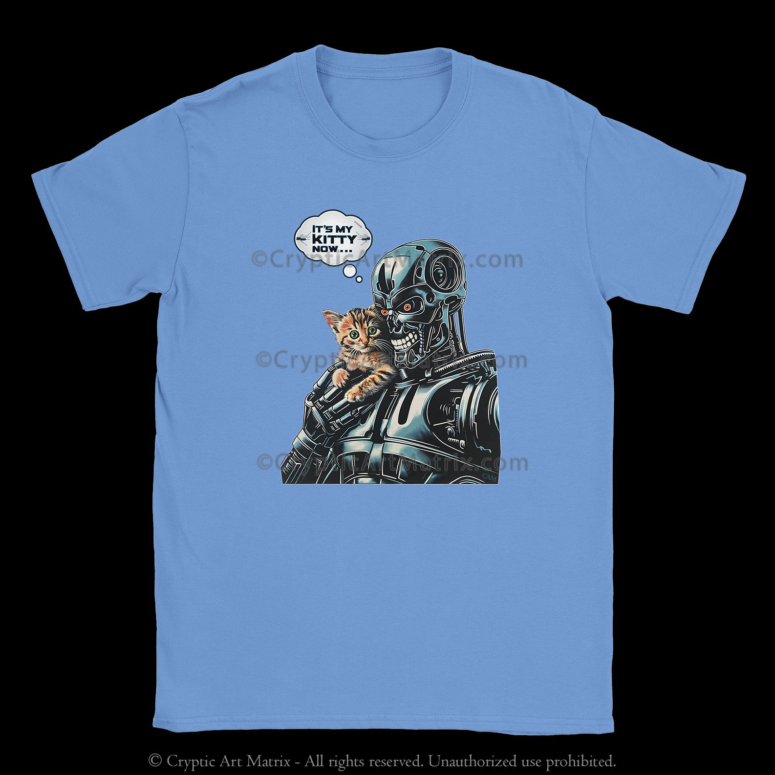 Playful t-shirt featuring a robot holding a kitten, perfect for cat lovers and sci-fi fans