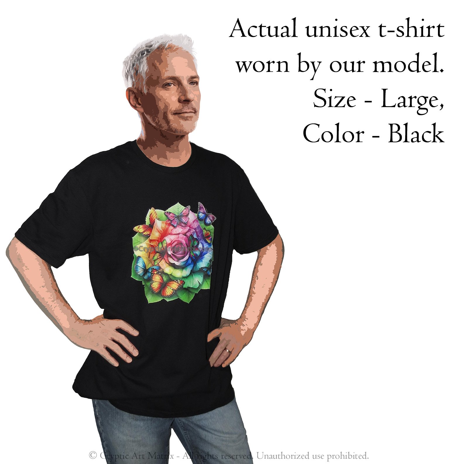 T-shirt featuring a vibrant design of a rose surrounded by butterflies on white t-shirt, available in multiple colors and sizes, made from 100% cotton fabric.