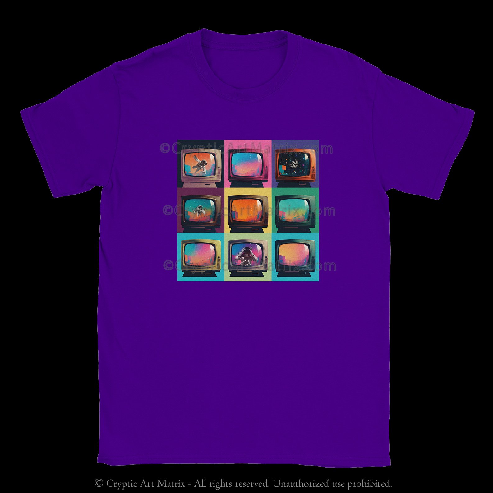 Pop art t-shirt with multiple TVs, astronaut in distress trying to communicate, cryptic design