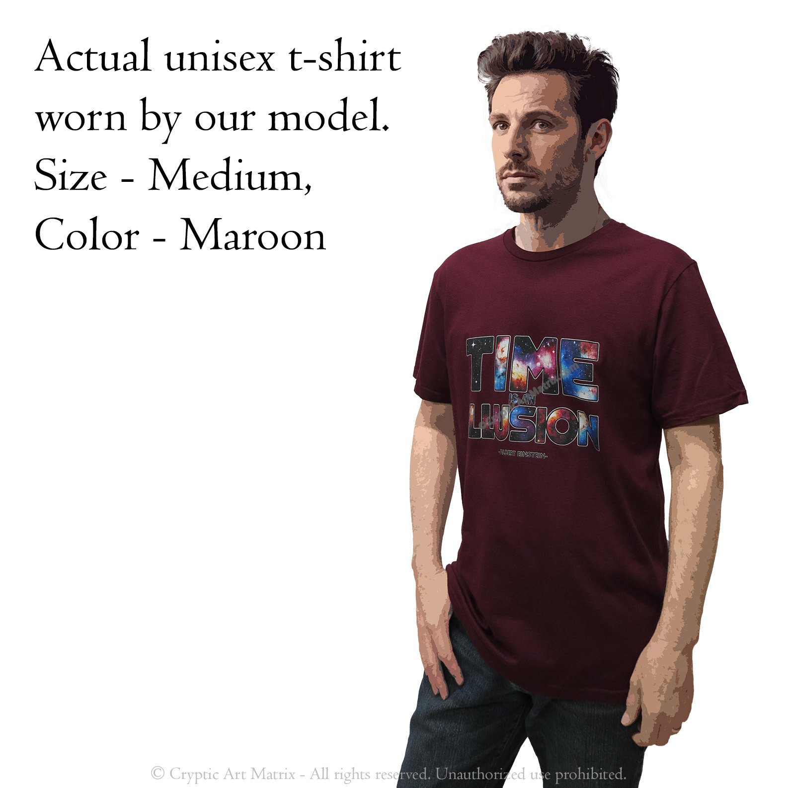T-shirt with words ‘Time is an Illusion’ in a sci-fi space theme lettering, unisex 100% cotton
