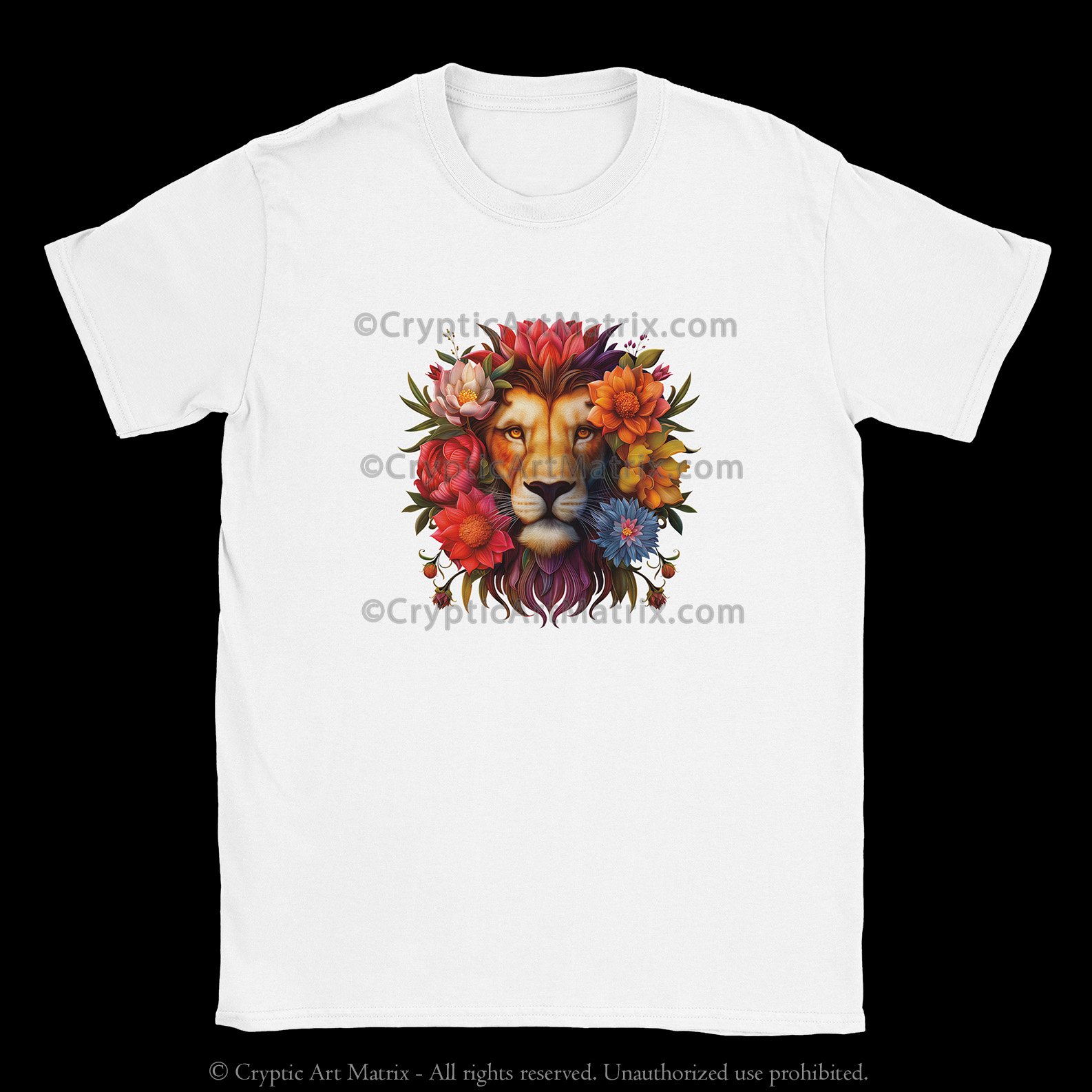 100% cotton T-shirt with bold Lion and flowers design – unisex tee