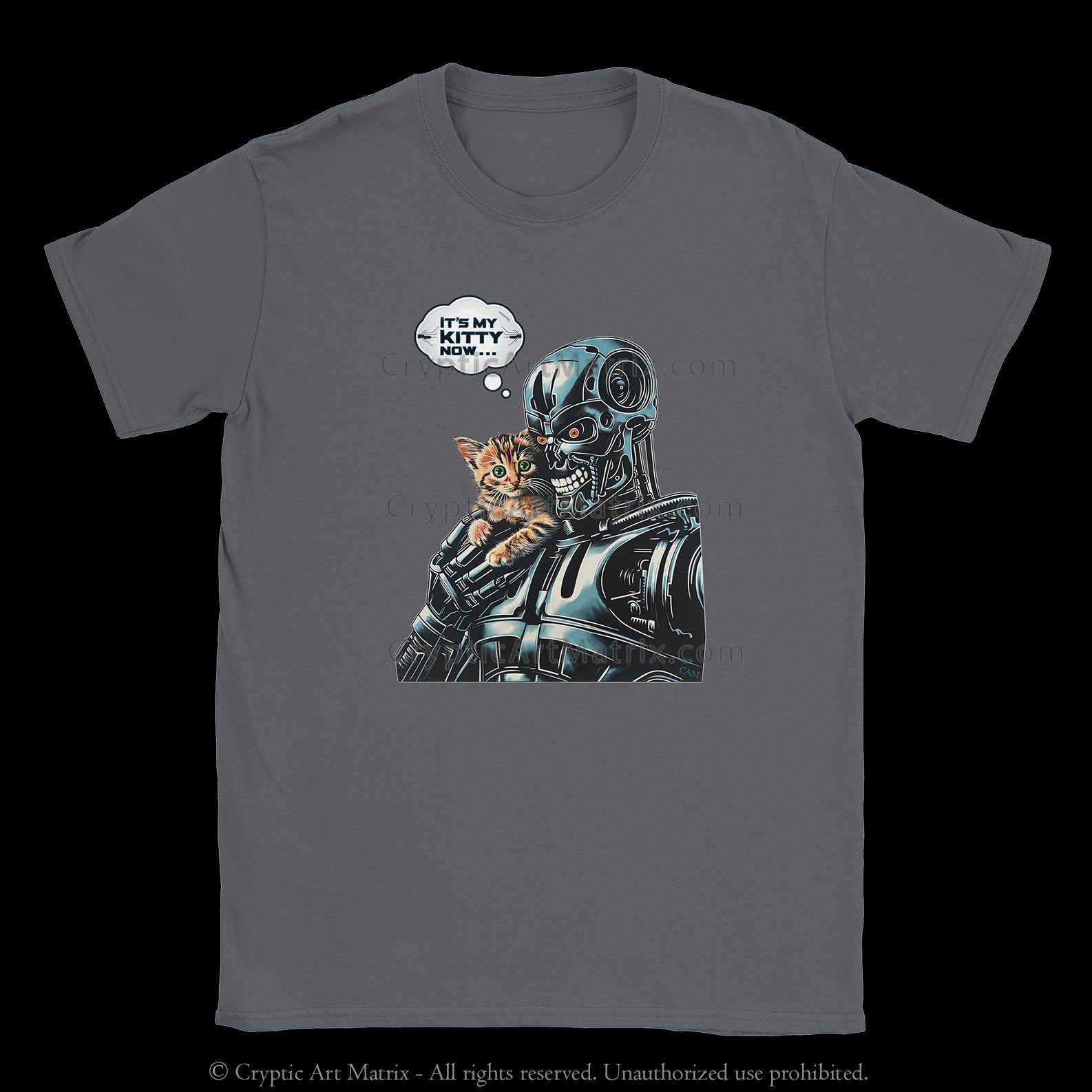Playful t-shirt featuring a robot holding a kitten, perfect for cat lovers and sci-fi fans