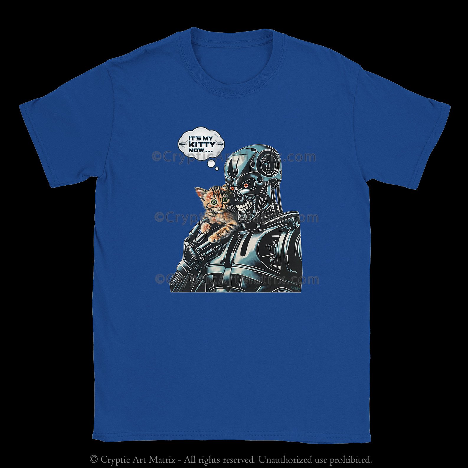 Playful t-shirt featuring a robot holding a kitten, perfect for cat lovers and sci-fi fans