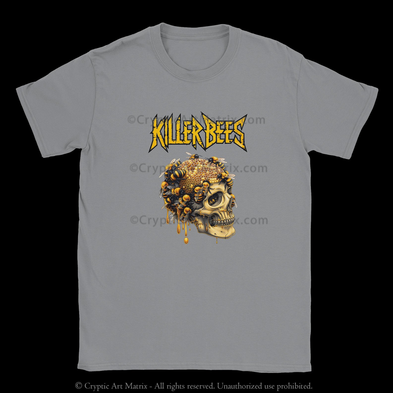 Detailed skull with honeycomb and honeybees swarming, in a striking, artistic t-shirt design.