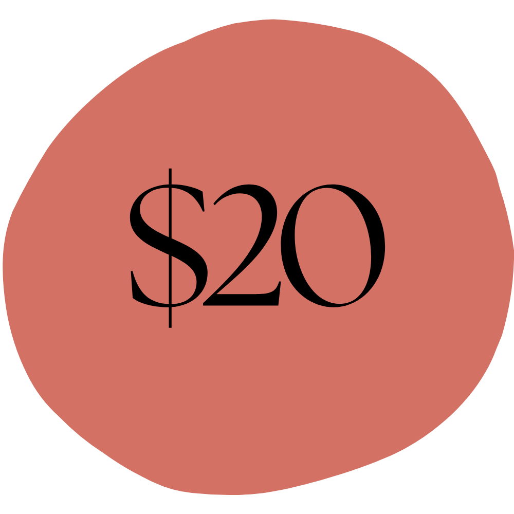 A pink circular price tag with bold black text displaying the price of twenty dollars.