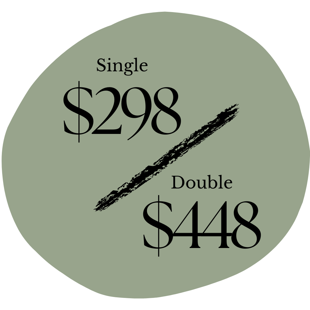 Pricing comparison for a product showing $298 for a single and $448 for a double, separated by a black brush stroke.