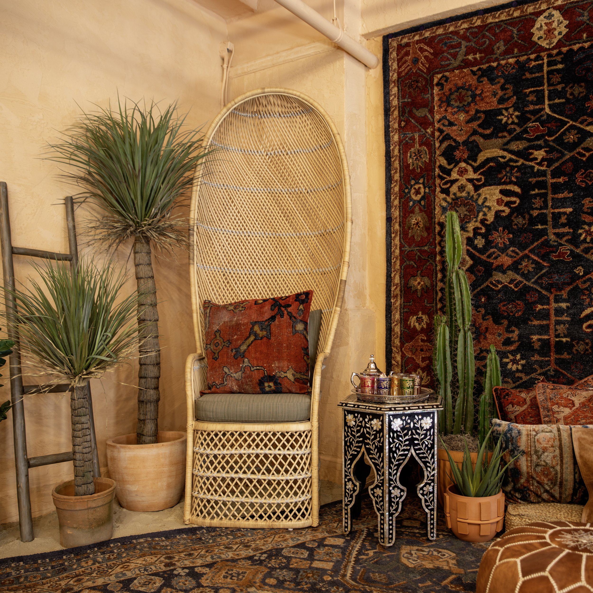 Exquisite pearl inlay side table with intricate geometric patterns, perfect for event rentals in Los Angeles