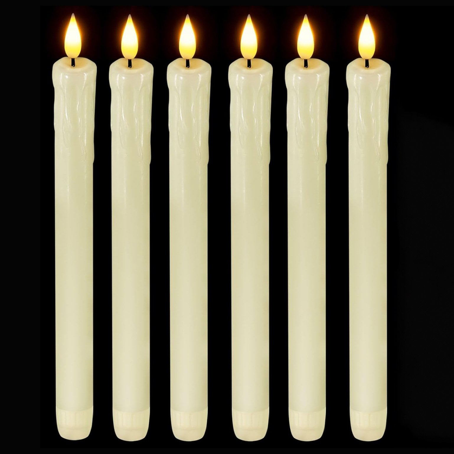 Battery operated flameless taper candles in ivory for event and wedding decor rental in Los Angeles.