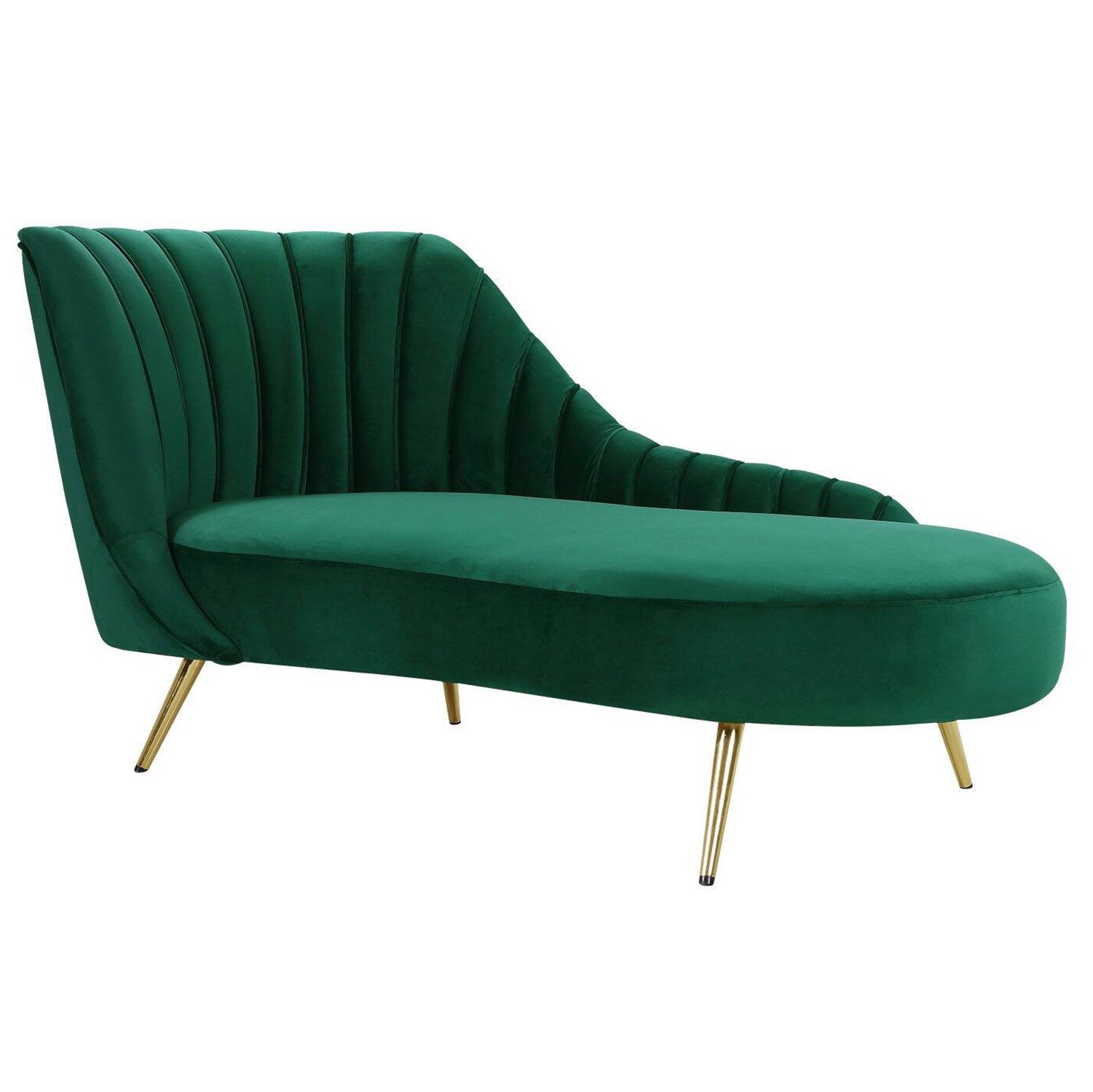 Emerald green velvet chaise with sculpted backrest and gold-tipped legs, available for rent for events in Los Angeles