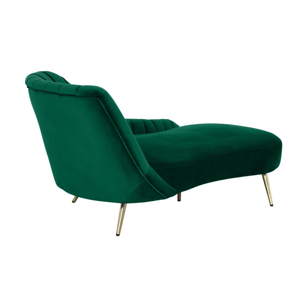 Emerald green velvet chaise with sculpted backrest and gold-tipped legs, available for rent for events in Los Angeles