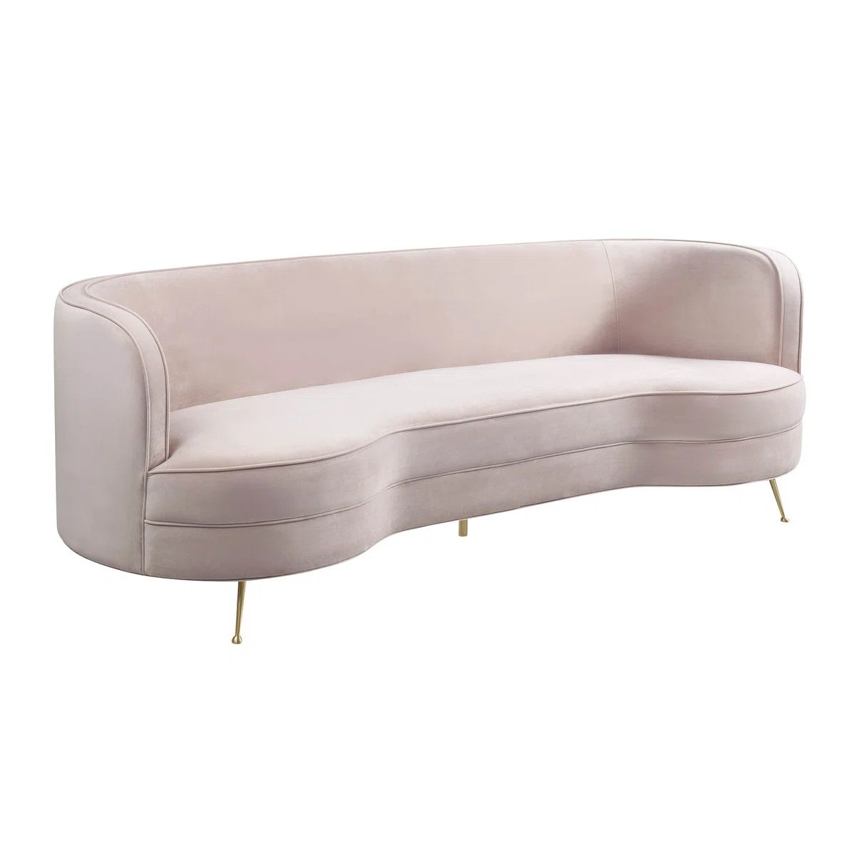 Elegant blush pink velvet sofa with a curved design, perfect for event rentals in Los Angeles
