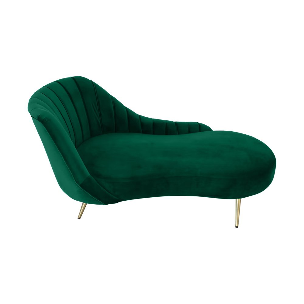 Emerald green velvet chaise with sculpted backrest and gold-tipped legs, available for rent for events in Los Angeles
