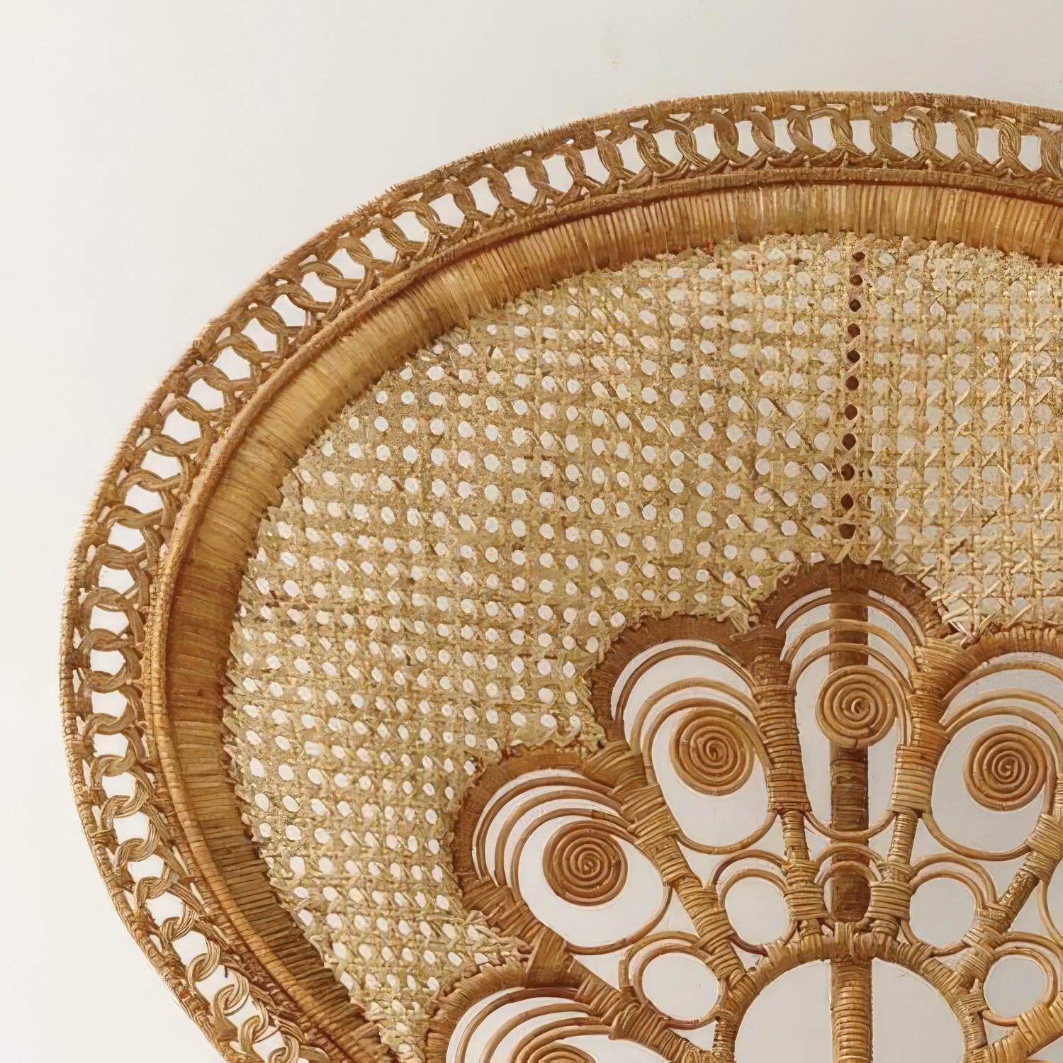 Vintage rattan peacock wicker chair with intricate design, perfect for wedding and event rentals in Los Angeles
