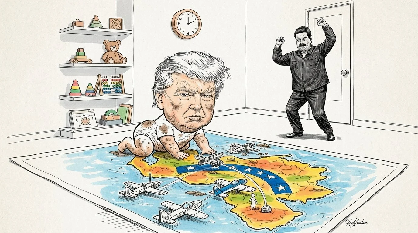Toddler Trump playing with his Risk game, behind Maduro dances to Trump's whining behavior.