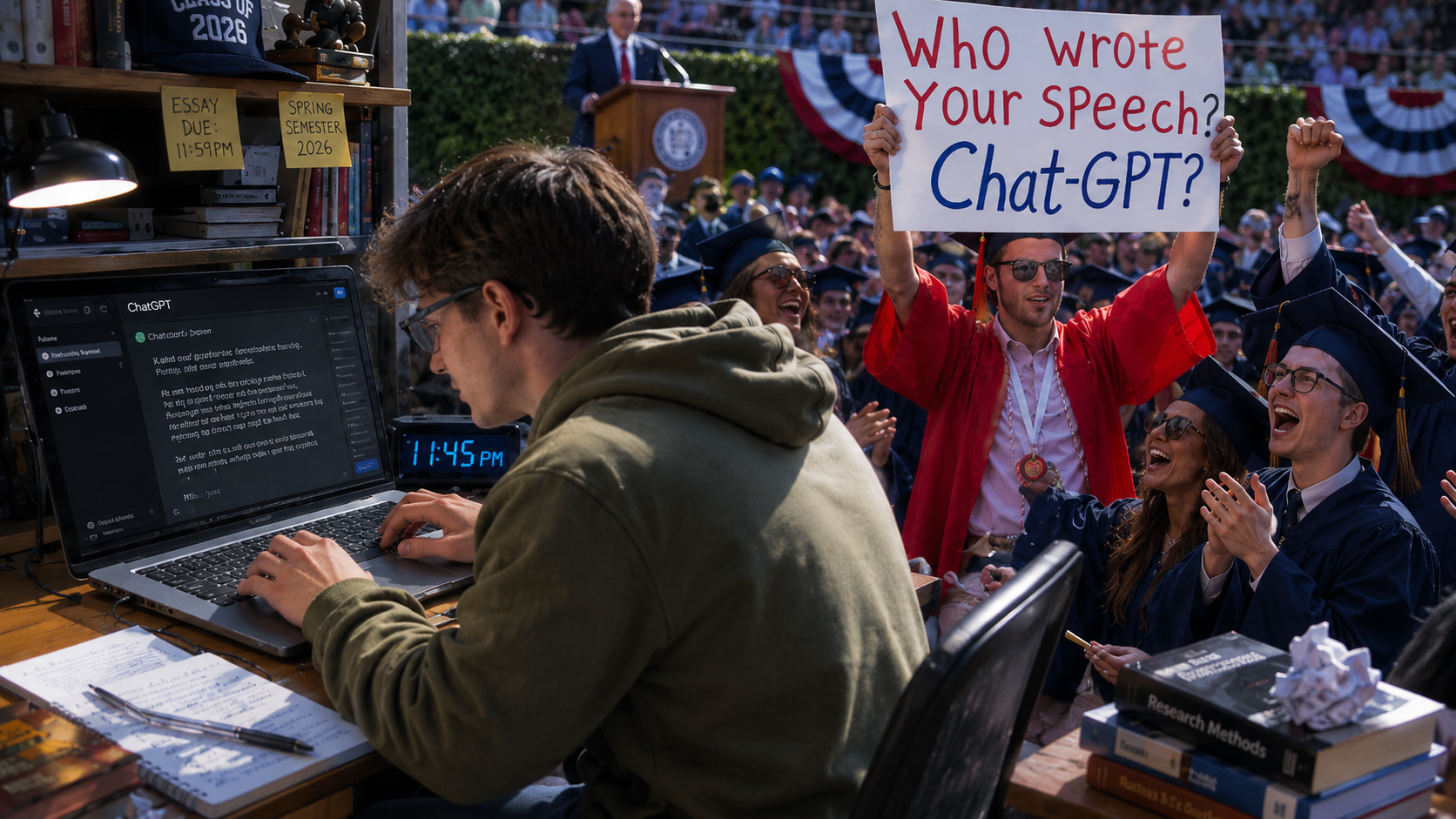 AI-generated graduation speech protest at college commencement, student using ChatGPT on laptop while graduates hold “Who wrote your speech?” sign.