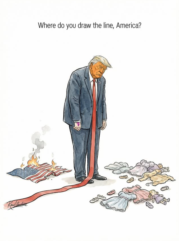 Donald Trump tie drawing lines, he's face is looking at the children's clothes and behind the US flag burning down.