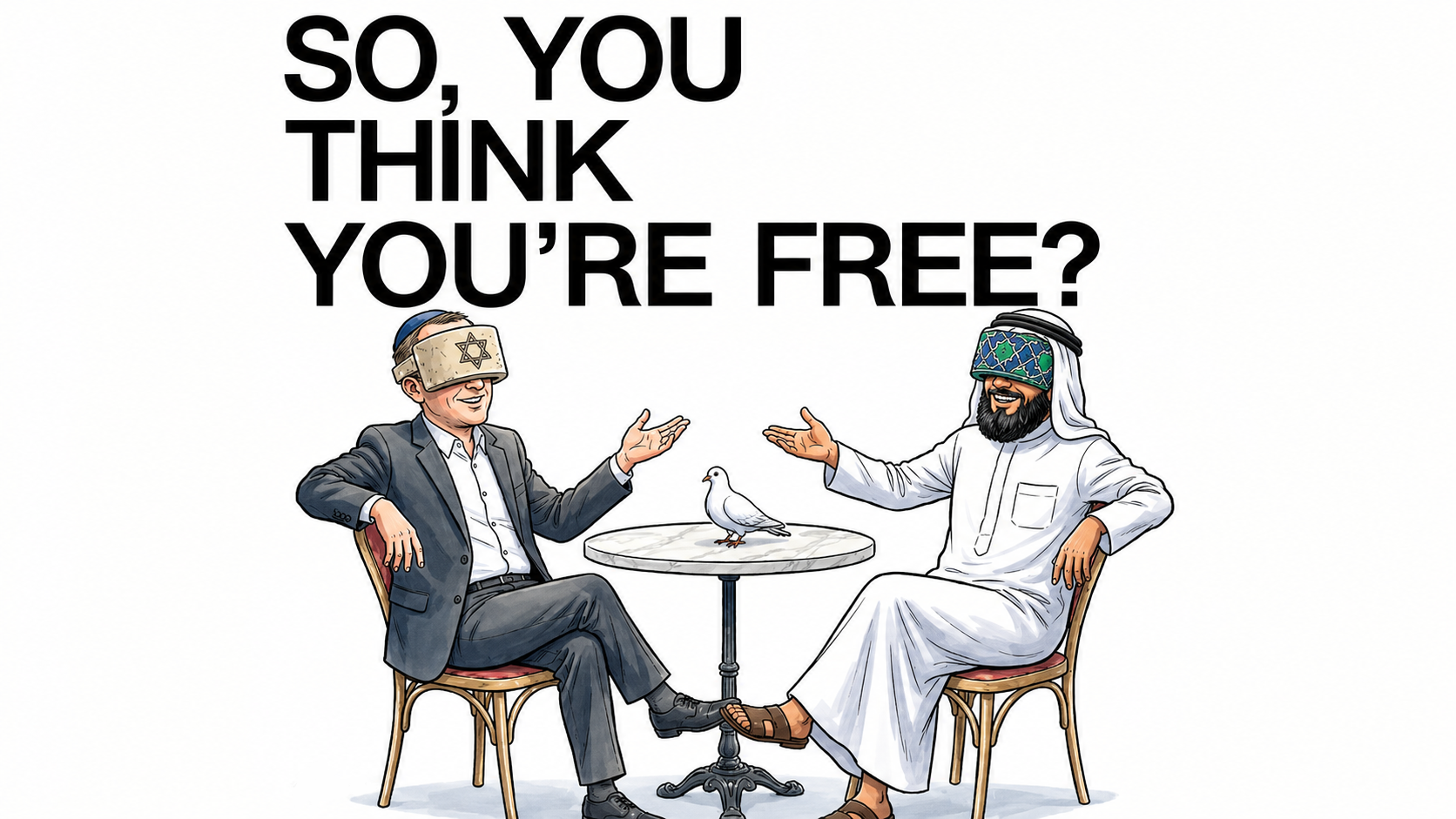 A cartoon of a jewish and a muslim talking blindly about their condtioned freedom.