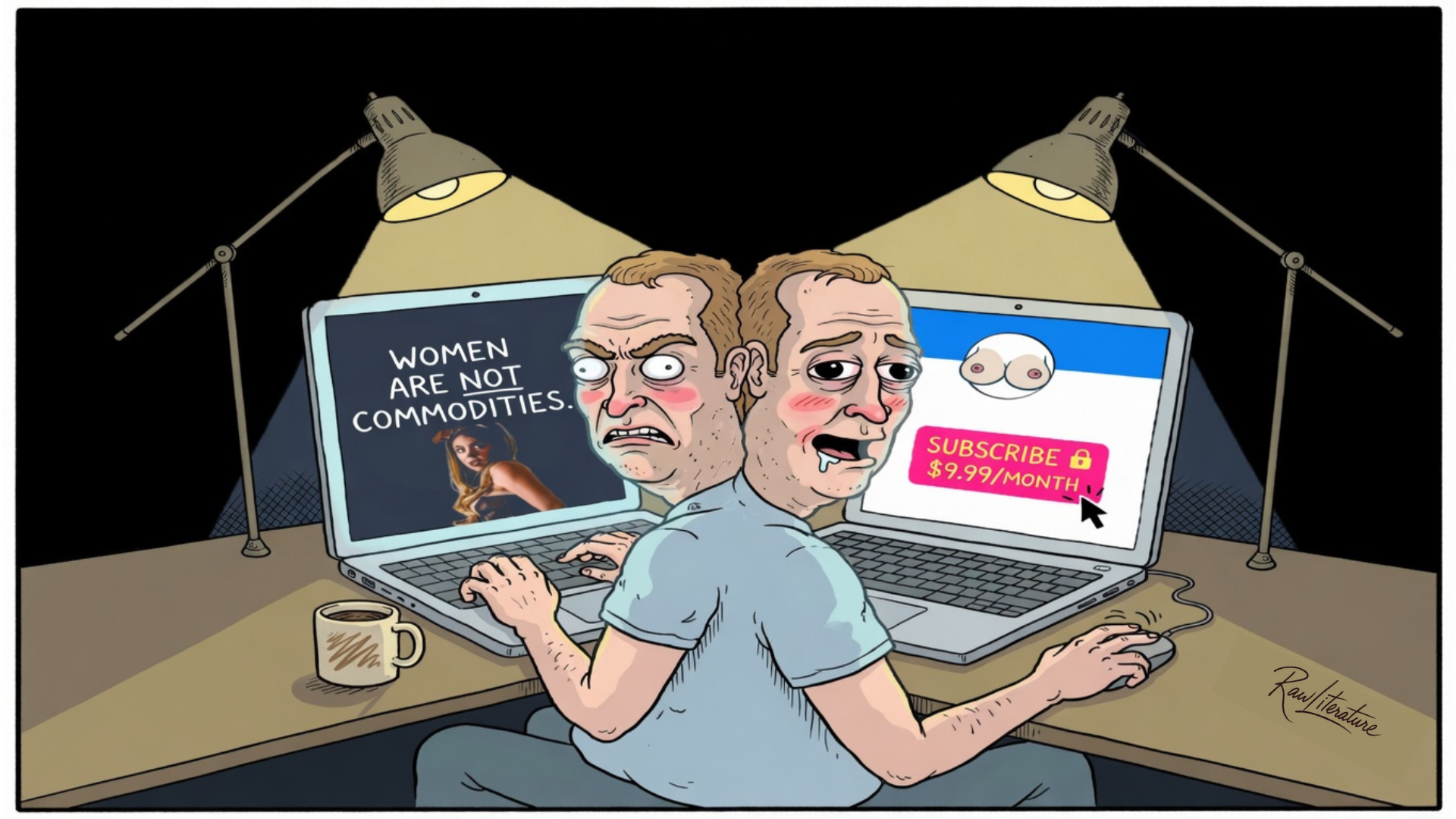 Double standard meme: man outraged by "Women Are Not Commodities" but subscribes to adult content