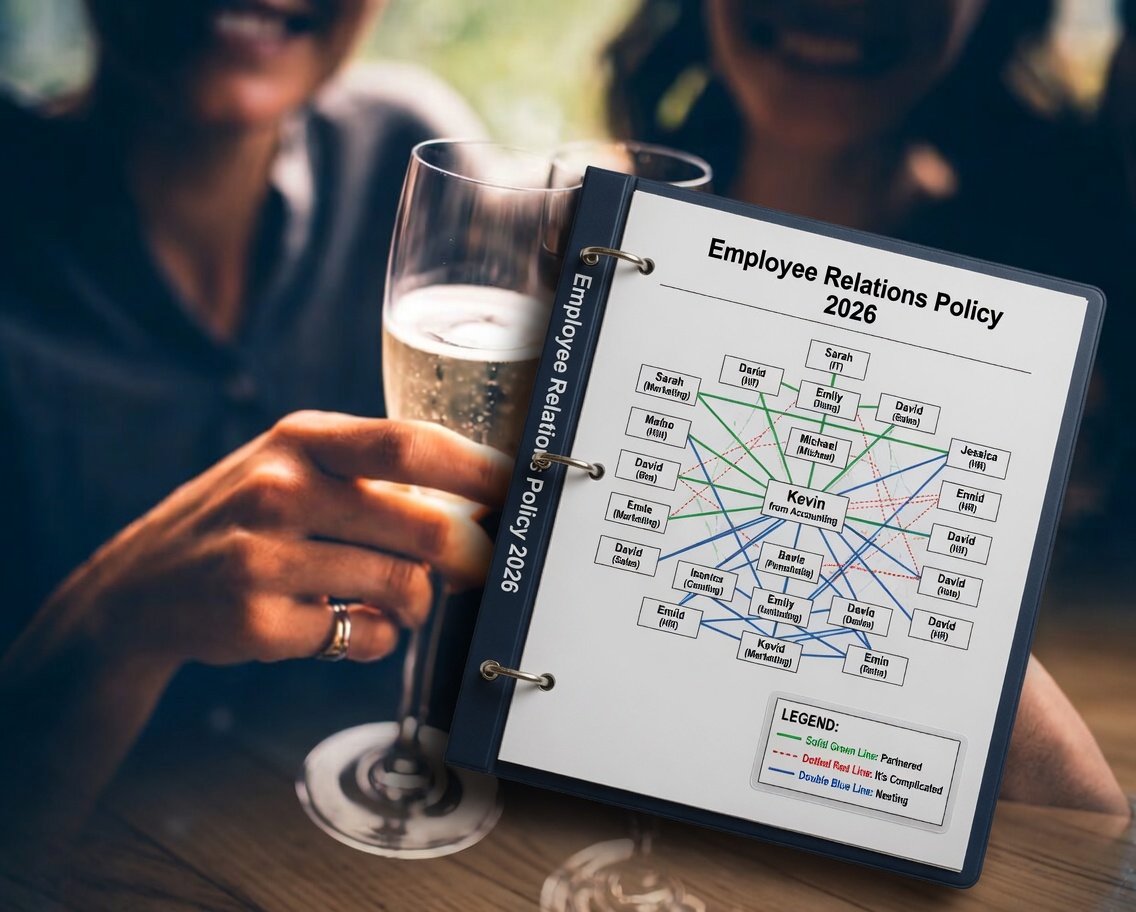 Satirical polyamory org chart in a corporate HR binder titled 'Employee Relations Policy 2026' featuring Kevin from Accounting, shown beside champagne glasses during a celebration.