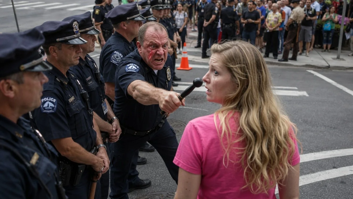 Terrified woman in pro-abortion shirt faces furious police officer pointing baton in tense street confrontation.