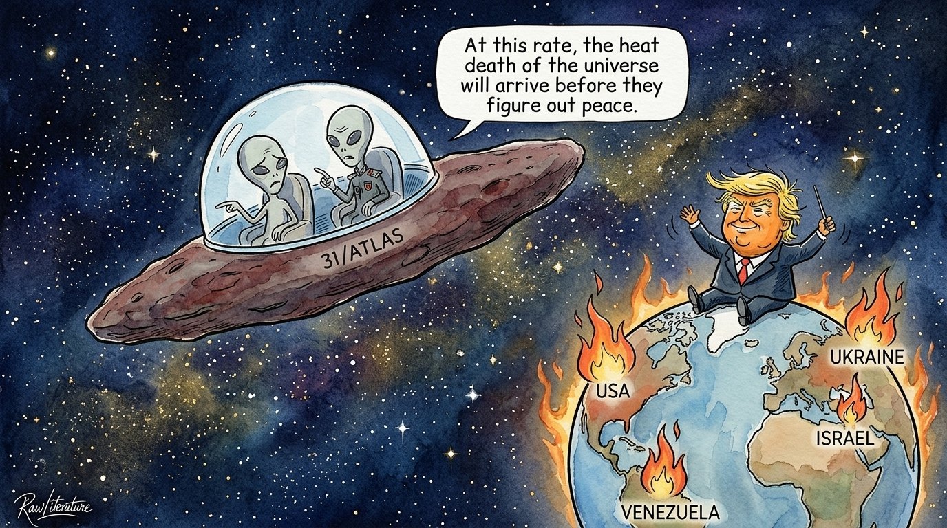 Trump ejoying how the world explodes while sitting in his beloved dream to invade Greenland. An alien spaceship passes near the Earth, two aliens watching the whole spectacle.
