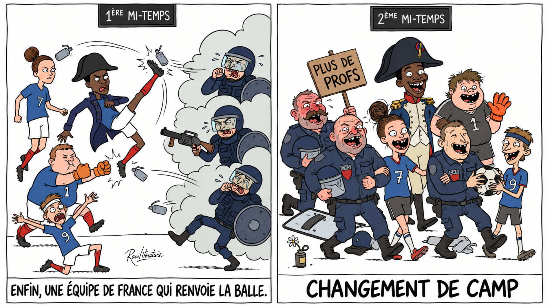 Satirical cartoon depicting police brutality against student protesters in France, tear gas and riot police clashing with football-shirted demonstrators before an ironic scene of reconciliation.