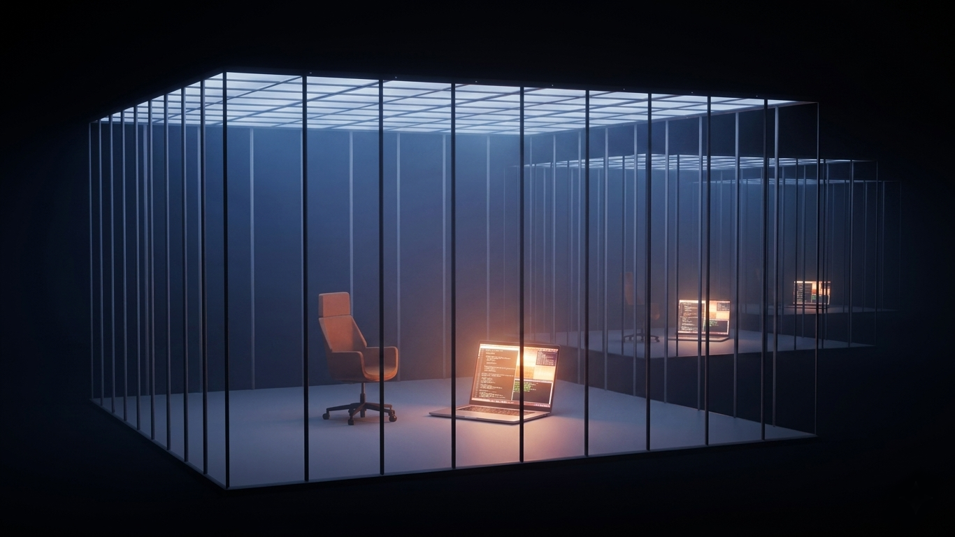A row of minimalist glass office pods in a dark, atmospheric room, each containing an empty orange chair, a desk, and a glowing laptop representing an AI-native workspace.