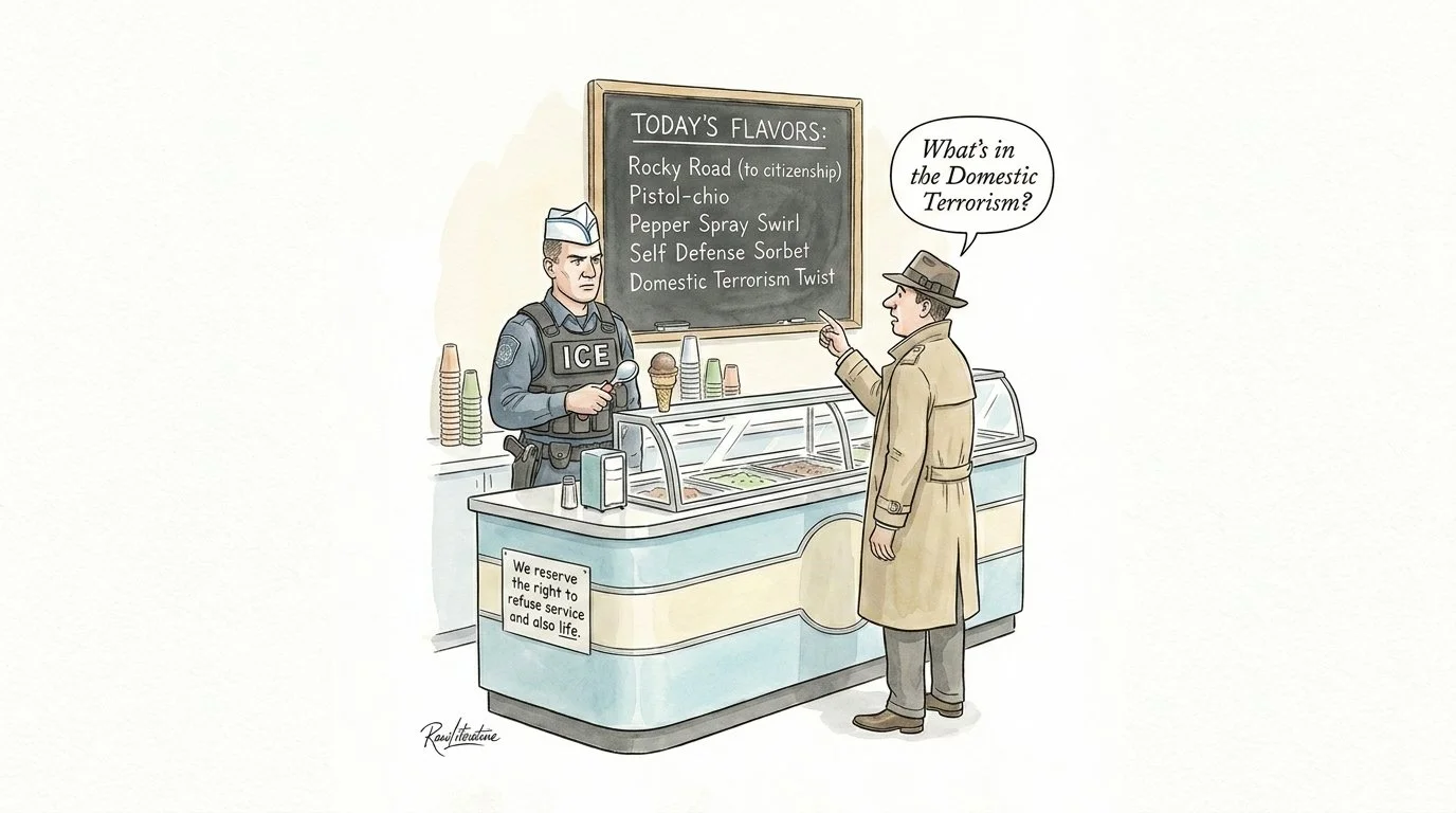 An ICE officer selling ice creams to a normal person.