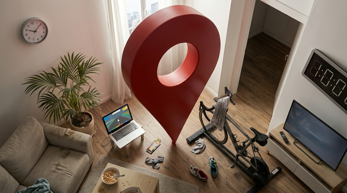 A giant red 3D GPS pin pinning a stationary bike and laptop to a minimalist living room floor, surreal satirical art.