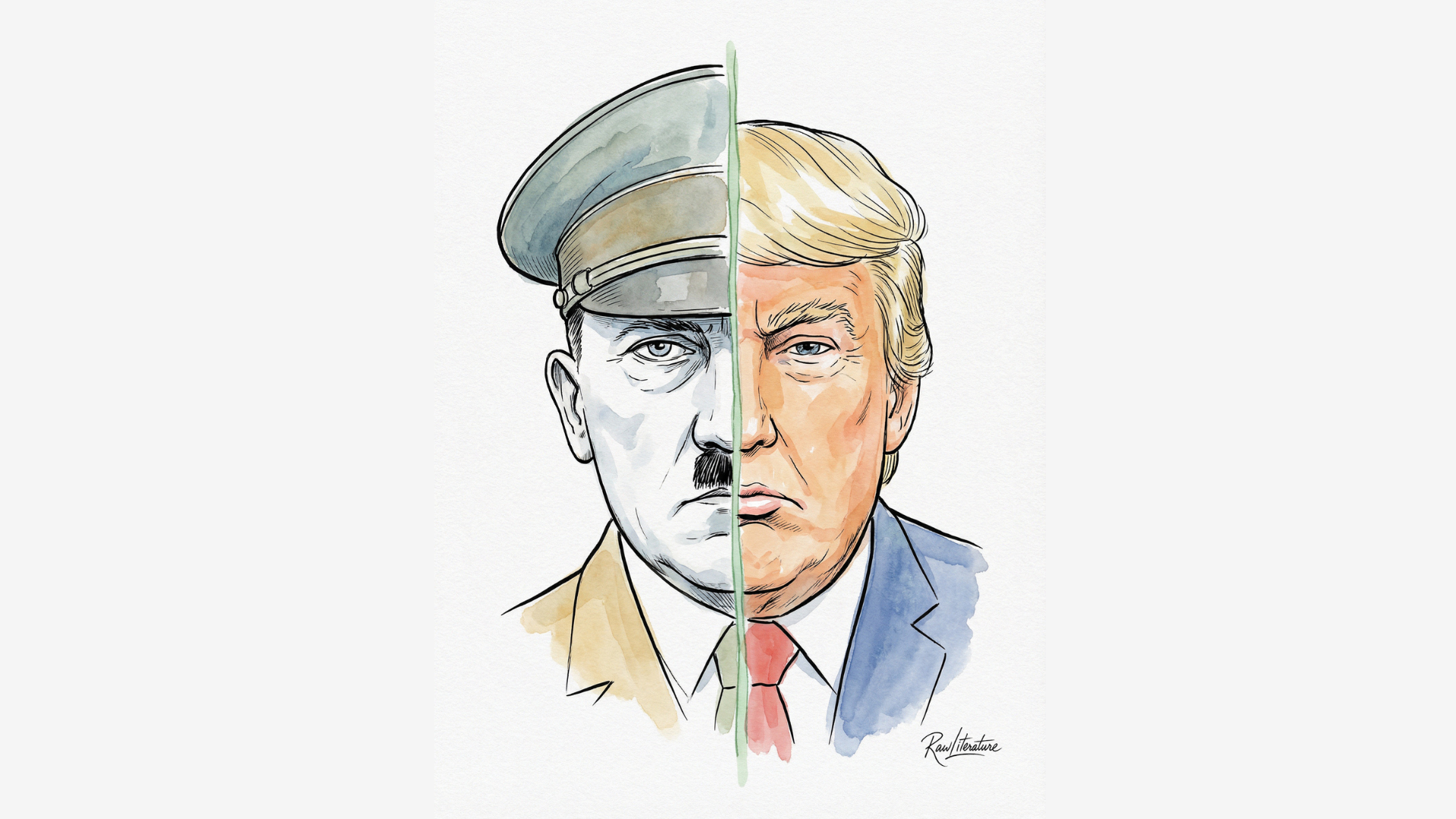 A portrait of Hitler and Trump as representing the same evil.