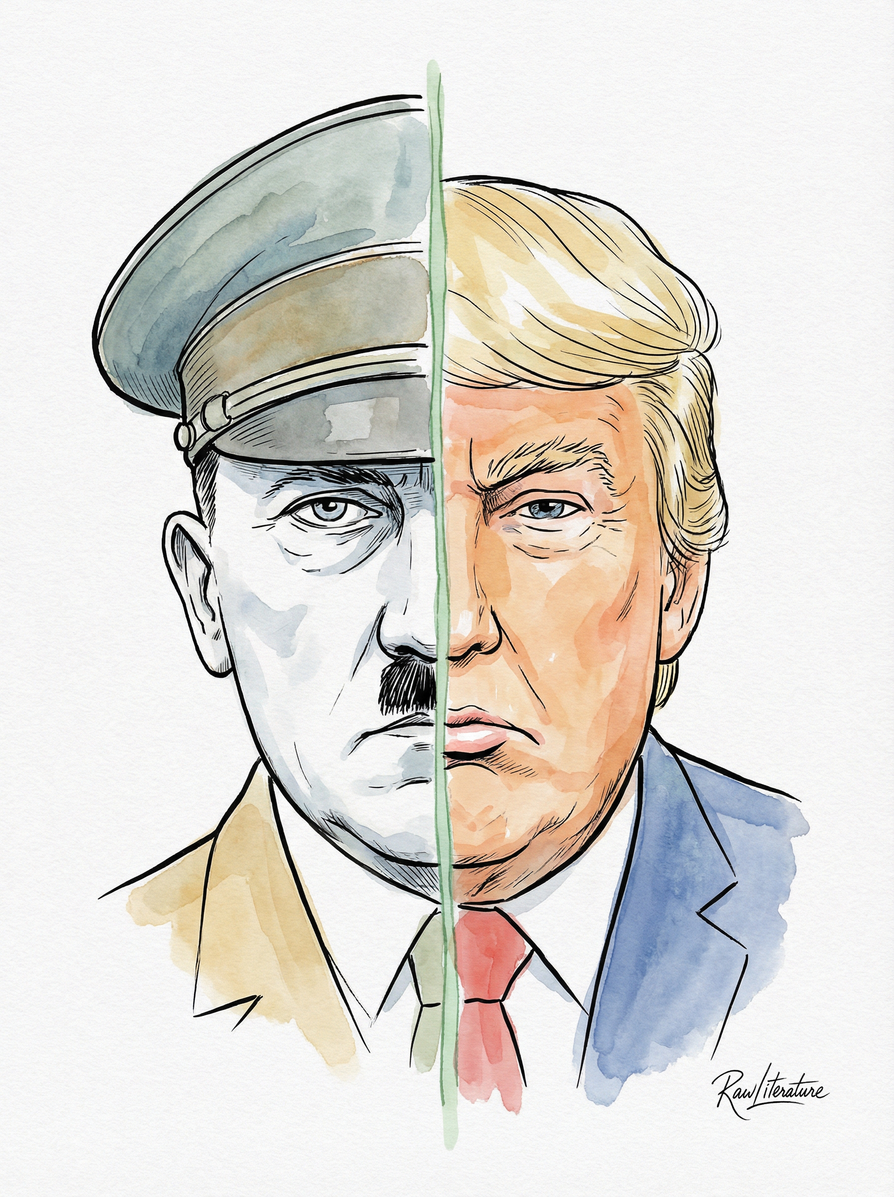 A portrait of Hitler and Trump as representing the same evil.