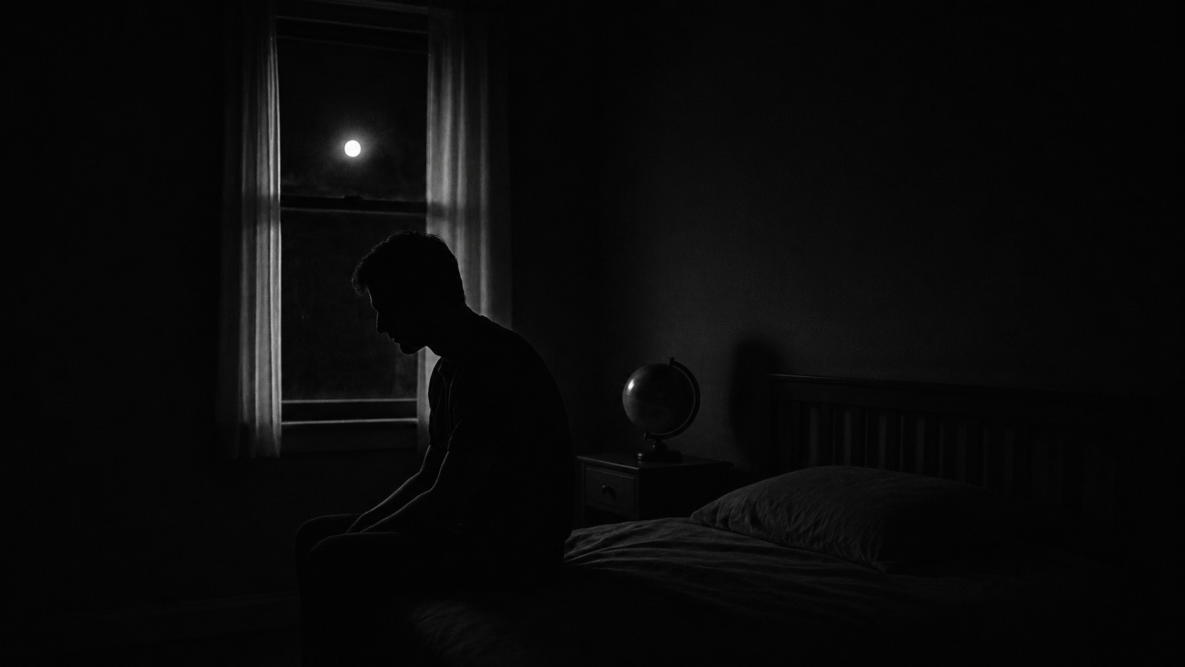 Moody black-and-white silhouette of a man sitting on a bed at night with moonlight through a window.