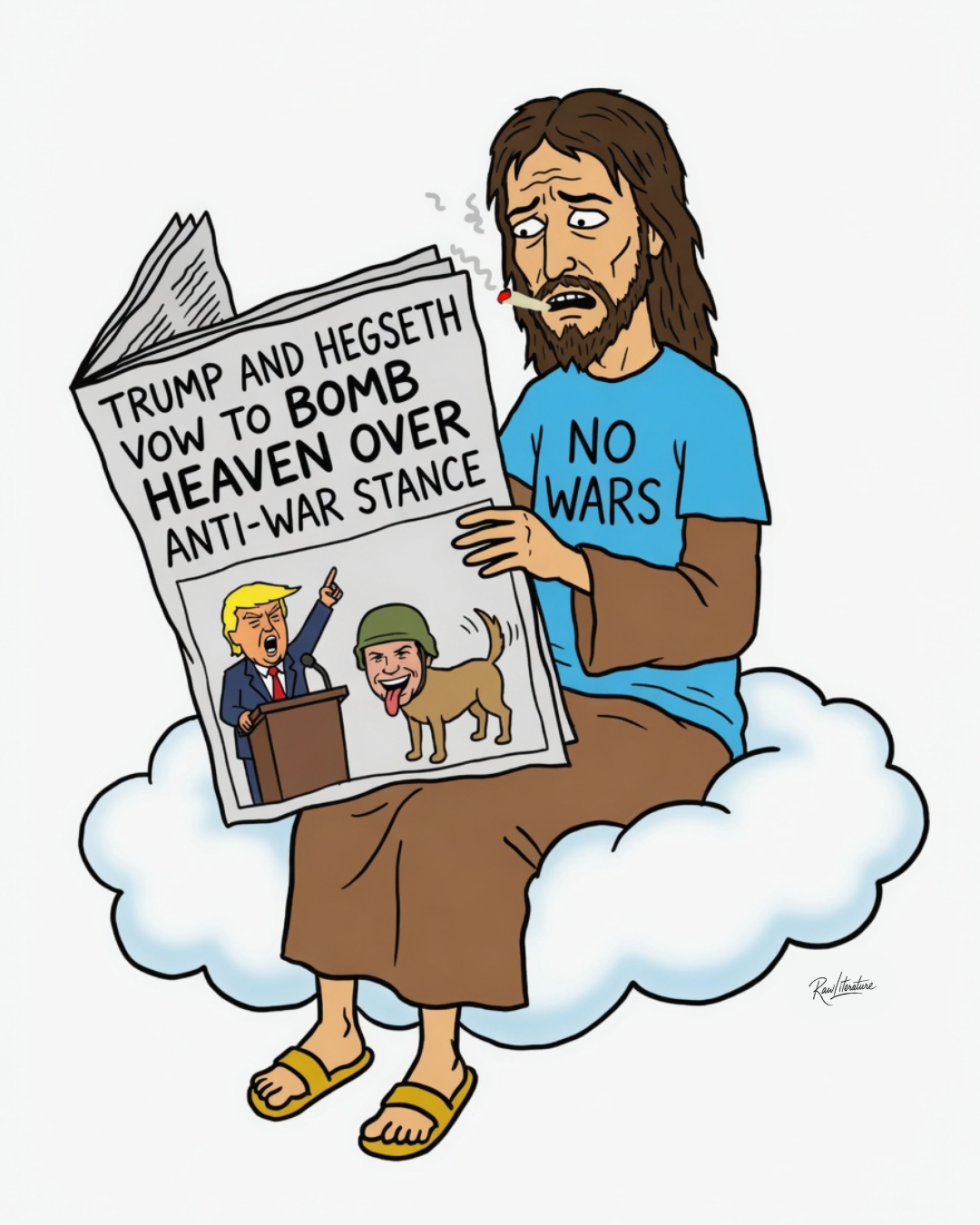 Jesus reading shocking news: Trump and Hegseth vow to bomb heaven over anti-war stance cartoon.