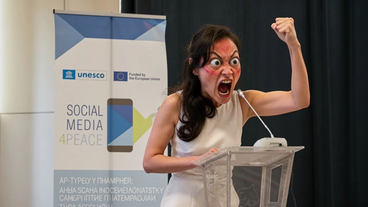 Intense satirical woman delivering theatrical hate speech at UNESCO Social Media for Peace podium, highlighting irony and confrontation between hate speech and global peace initiatives