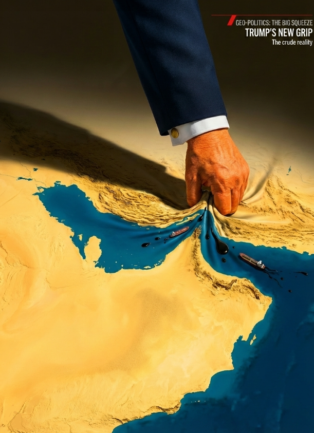 A cartoon of Trump grabbing the Strait of Hormuz.