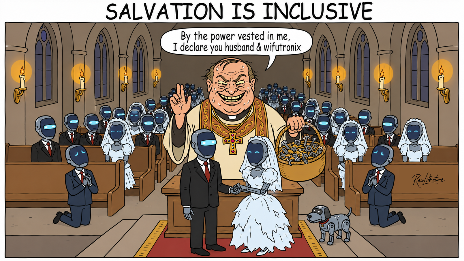 Satirical cartoon of humanoid robots marrying in a church, parodying Russia's symbolic robot wedding ceremony featuring Robert and Matilda.