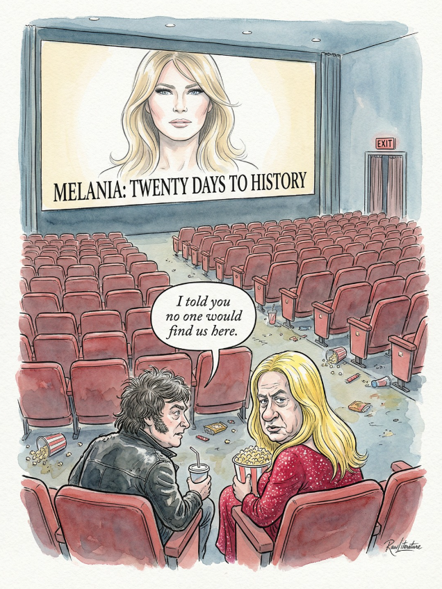 Melania Documentary scam played in an empty cinema. Milei and Netanyahu meet as they paid the tickets with the Board of Peace subscription fee.